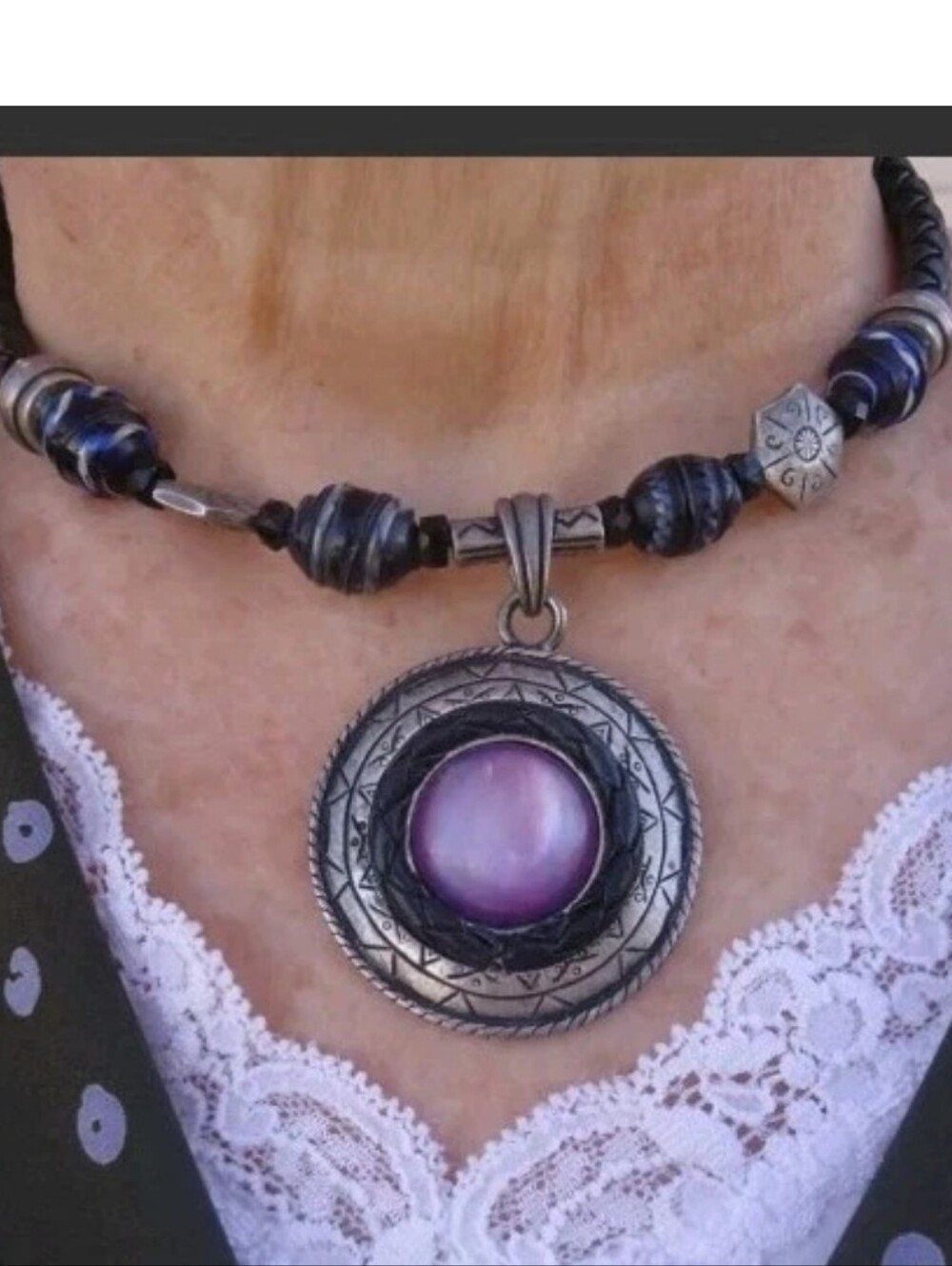 Vintage Chico's Collar Necklace Braided Cord Purple Pendant Amulet Witchy Gothic